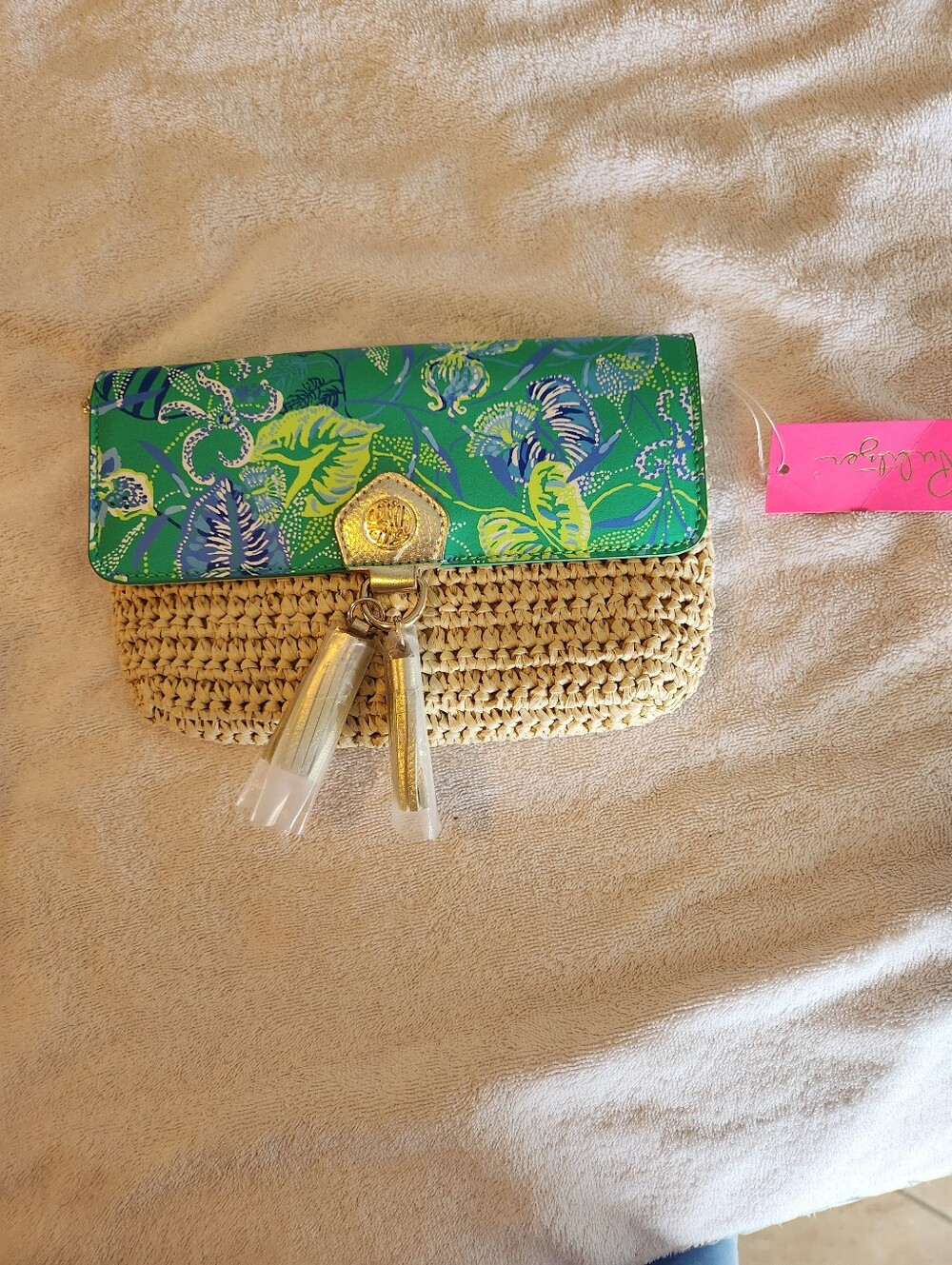 Green Floral-Trim Straw Clutch with Tassels